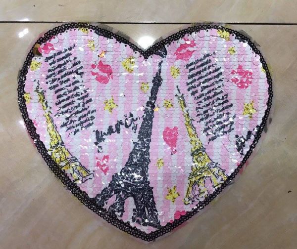 Аппликация пришив. пайетки Сердце Париж роз. фон звездочки сердечки двухсторон раз. 21*18см