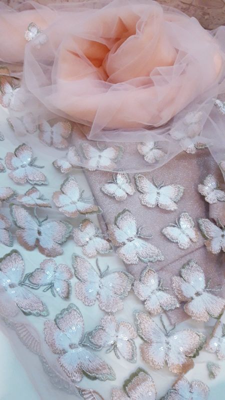 Сетка вышивка Пайетка-купон Бабочки розовая