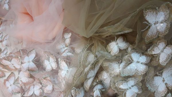 Сетка вышивка  Бабочки капучино-золото