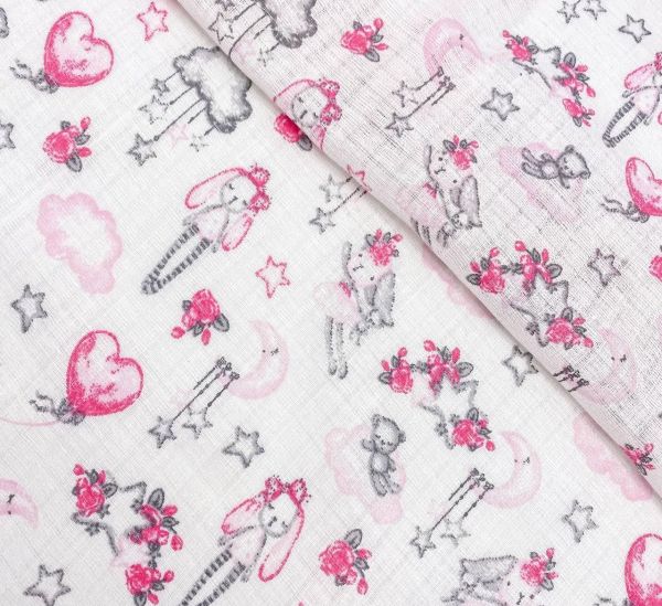 Муслин Польша  Зайки Няшки мишки серо-розовые сердечки